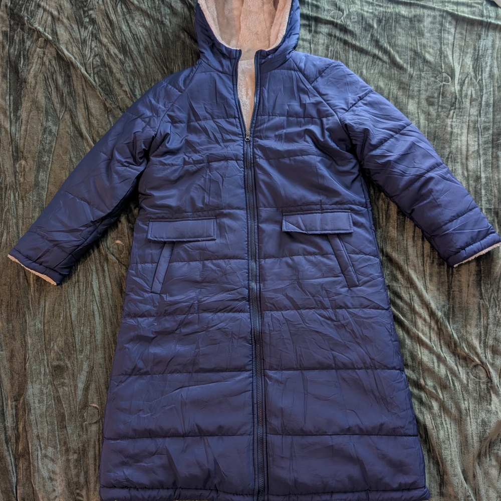 Long Blue Hooded Puffer Coat